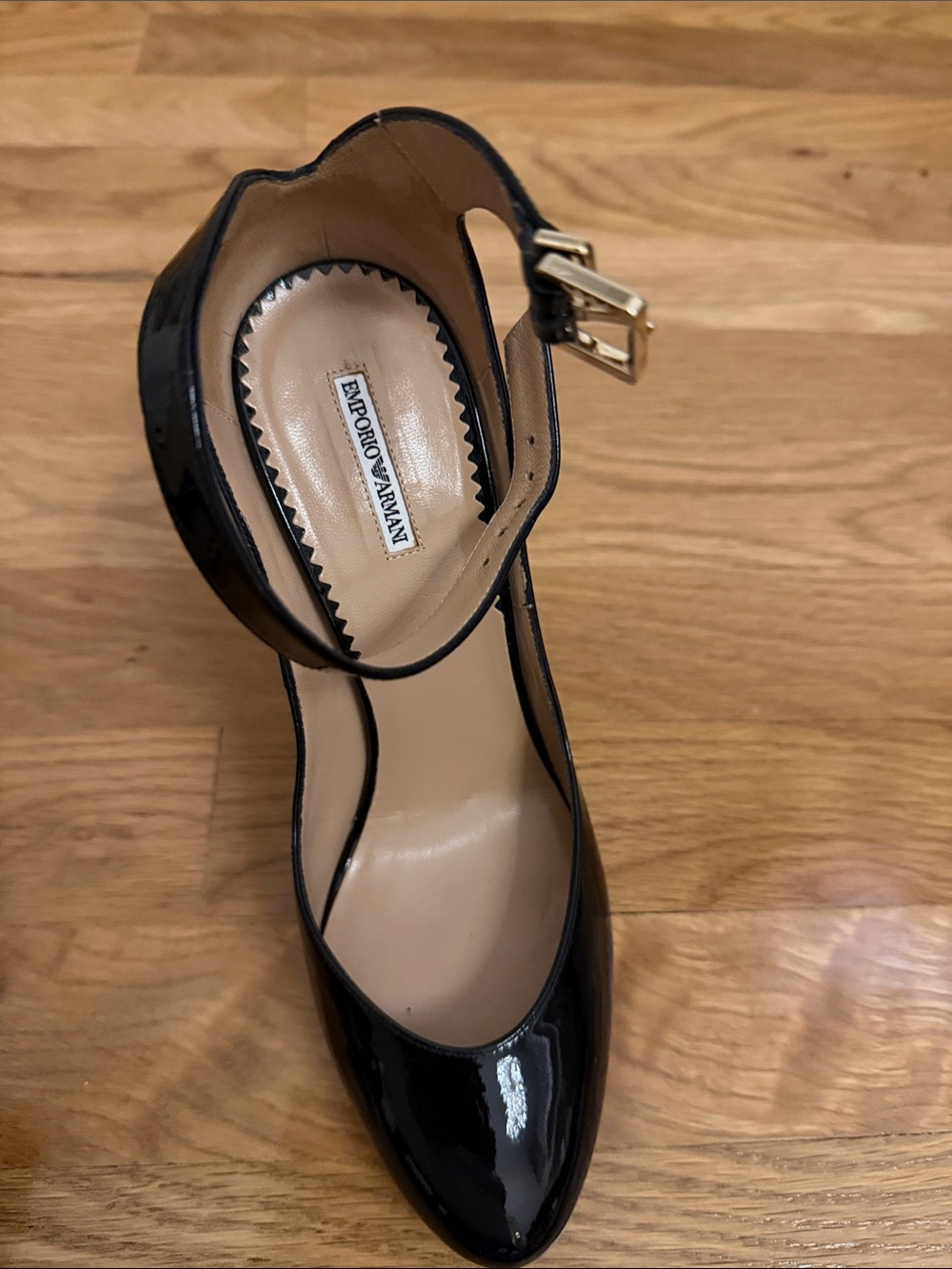 Emporio Armani Black Patent Ankle-Strap Pointed Pump with Gold Buckle